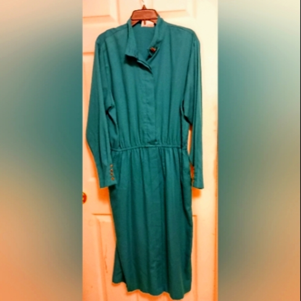 Women's Plus Size 18 Vintage Teal JoRo High Collared Pocketed Shirtdress